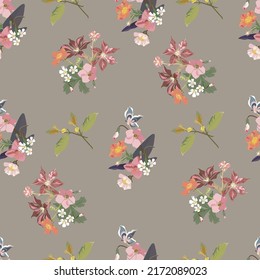 Bright floral pattern from different flowers in bouquets on a beige background - vector seamless illustration.