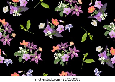Patrón floral brillante de diferentes flores en ramos sobre fondo negro - ilustración vectorial sin fisuras.