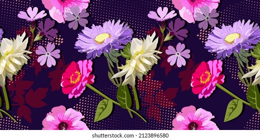 Bright floral pattern for fabric design. Decorative flower blue aster, white dahlia, tagetes, primrose, petunia on a dark blue background with pink dots and raspberry leaves, vector illustration.