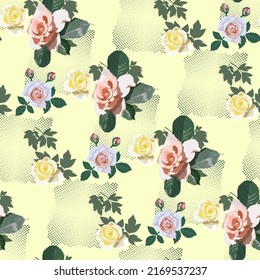 Bright floral pattern for fabric design. Flowers fold in pink, yellow and peach tones on pastel yellow background with green dots and leaves, vector illustration.