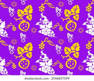 Padrão floral brilhante com flores amarelas e brancas e frutas em fundo roxo vibrante, criando um design alegre e animado.
