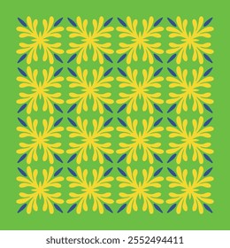 Bright floral pattern featuring yellow flowers with blue accents on a green background. Ideal for fabric, stationery, and digital designs. Fresh, vibrant, and playful aesthetics!