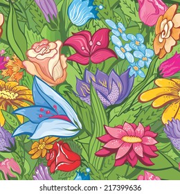 Bright floral pattern | Green seamless background with spring flowers for design