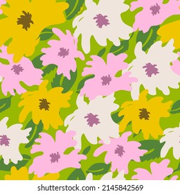 Bright floral pattern. Large stylized flower buds. Seamless background for printing on fabric, wrapping, textile, paper, wallpaper. Vector illustration, hand drawn