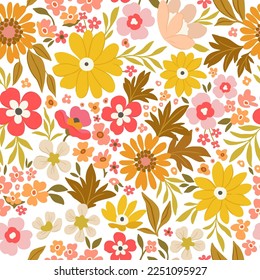 A bright floral pattern of large yellow, red and orange flowers on a white background.