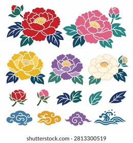 Bright floral pattern with leaves and petals in various vibrant colors