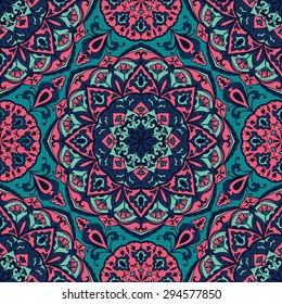 Bright floral pattern with mandalas. Vector seamless, mottled background. Multicolor print on fabric.