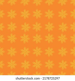 Bright floral pattern on an orange background with yellow simple flowers. For fabrics and stationery, postcards. Flat style. Vector.