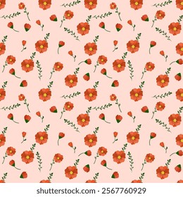 Bright Floral Pattern with Orange Blooms and Green Leaves on Soft Peach Background - Cheerful Nature-Inspired Design for Textiles, Wallpapers, Gift Wrap, and Spring-Themed Digital Art Projects