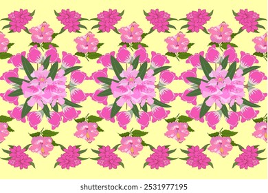 Bright Floral Pattern with Pink Hibiscus, Tulips, and Green Leaves on Yellow Background, Spring-Themed Design for Fashion Textiles, Home Decor, and Nature-Inspired Digital Products