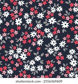 Bright floral pattern. Pretty flowers on dark background. Printing with small daisy white and red flowers. Ditsy print. Seamless vector texture. Spring bouquet. Vintage template for fashion prints.