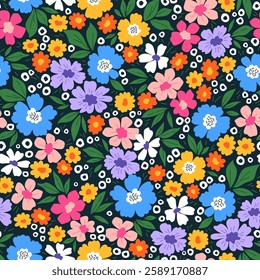 Bright floral pattern. Pretty flowers on dark blue background. Printing with small colorful flowers. Ditsy print. Seamless vector texture. Spring bouquet. Vintage template for fashion prints. Stock