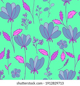 Bright floral pattern. Seamless background. Hand drawn modern illustration of large flower heads with pink leaves on solid color. Cloth, web, attachment, stationery design