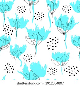 Bright floral pattern. Seamless background. Hand drawn modern illustration of large flower heads on solid color. Cloth,  web, nozzle, stationery and wrapping paper design, background for invitations, 