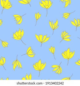 Bright floral pattern. Seamless background. Hand drawn modern illustration of large flower heads on solid color. Cloth,  web, nozzle, stationery and wrapping paper design, background for invitations, 
