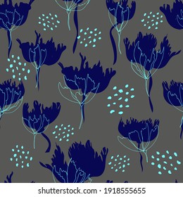 Bright floral pattern. Seamless background. Hand drawn modern illustration of large flower heads on solid color. Cloth,  web, nozzle, stationery and wrapping paper design, background for invitations, 