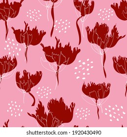 Patrón floral brillante. El fondo es impecable. Dibujo manual de la moderna ilustración de grandes cabezas de flores en color sólido. Ropa, web, boquilla, papel y diseño de papel de embalaje, fondo para invitaciones, 