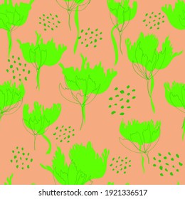 Bright floral pattern. Seamless background. Hand drawn modern illustration of large flower heads on solid color. Cloth,  web, nozzle, stationery and wrapping paper design, background for invitations, 
