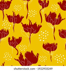 Patrón floral brillante. El fondo es impecable. Dibujo manual de la moderna ilustración de grandes cabezas de flores en color sólido. 