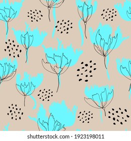 Bright floral pattern. Seamless background. Hand drawn modern illustration of large flower heads on solid color. 