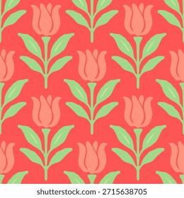 Ilustración floral brillante de la flor del tulipán sin fisuras del patrón con los pétalos rosados suaves y las hojas verdes en fondo rojo para el diseño de la superficie del Fondo de pantalla de la tela textil.
