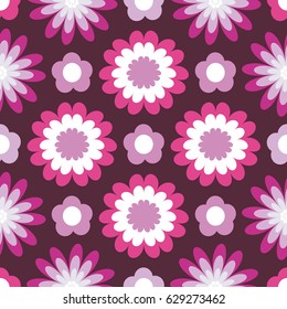 Bright floral pattern. Seamless vector background with fabulous flowers for printing on fabric, paper, gift wrapper, household goods, interior. Beautiful flower buds on a burgundy background