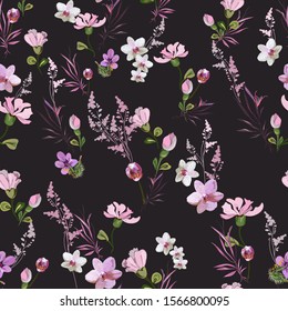 Bright floral pattern with small pink flowers of orchids, violets, roses and buds on a dark background. Seamless vector with various botanical elements arranged randomly. For textile, wallpaper, tile.