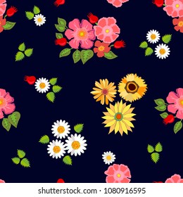 Bright floral pattern with Spanish motifs. Colorful chamomiles, dog roses, poppies and wildflowers on black background.