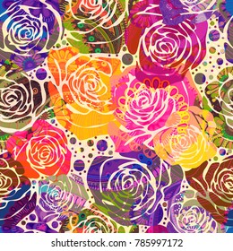 Bright floral pattern with stylized roses. Vector illustration with hand drawn flowers