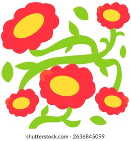 Bright Floral Pattern – Summer Blossom Illustration with Red Flowers and Green Leaves