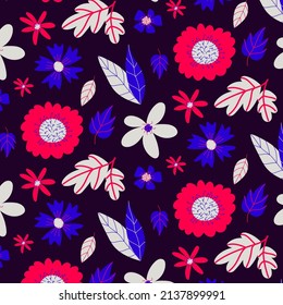 Patrón floral brillante. Textura en estilo doodle. Rosa, azul, gris y morado. Imprimir para impresión y decoración.