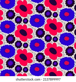 Bright floral pattern. Texture in doodle style. Pink, blue, gray and purple. Print for printing and decoration.