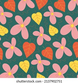 Bright floral pattern. Texture in doodle style. Pink, orange, green and yellow. Print for printing and decoration.