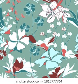 Bright floral pattern with white flowers on a blue background. Seamless summer print. Vector illustration