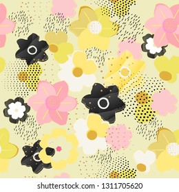 Bright floral pattern for your business. Abstract pattern with flowers, elements of dots and dashes on light yellow background. Seamless pattern. Vector illustration. Tropical print