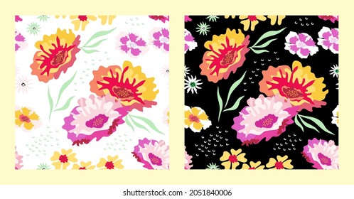 Bright floral patterns with large pansies and violence. Two variants of the same seamless composition on white and black backgrounds. For textile, fabric print, packing, wrapping, cover. Vector.