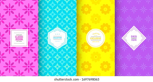 Bright floral patterns. Set of seamless vector with spring flower ornament. Simple summer floral background. Pattern for holiday birthday celebrations, cute baby invitation. Bright rainbow color