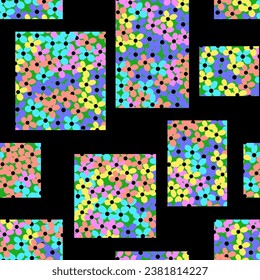 Bright floral rectangles with small hand-draw flowers on black background. Summer seamless pattern in patchwork style. For textile, wrapping-paper, gift-paper, wallpaper, cover. Vector illustration.