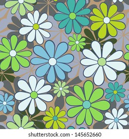 Bright floral retro 70's seamless pattern. Funny flowers vector illustration. Vintage print for fabric or paper and any surface design.