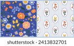 Bright floral romantic meadow wildflowers and stripe vector seamless pattern. Cottagecore Garden Flowers and Foliage Print in blue and white. Homestead Bouquet and Farmhouse Background print. 