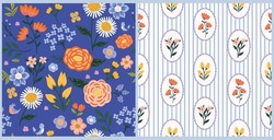 Bright floral romantic meadow wildflowers and stripe vector seamless pattern. Cottagecore Garden Flowers and Foliage Print in blue and white. Homestead Bouquet and Farmhouse Background print. 