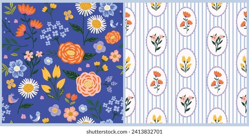 Bright floral romantic meadow wildflowers and stripe vector seamless pattern. Cottagecore Garden Flowers and Foliage Print in blue and white. Homestead Bouquet and Farmhouse Background print. 