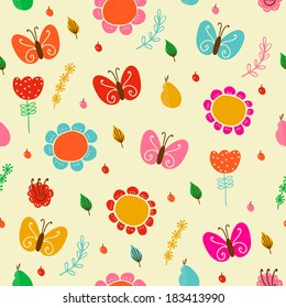 Bright floral romantic seamless pattern with butterflies in vector. Seamless pattern can be used for wallpapers, pattern fills, web page backgrounds, surface textures. Background in childish style. 