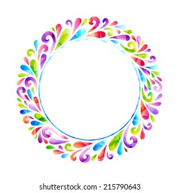 Bright floral round frame. Vector floral decoration made from swirl shapes. Greeting, invitation card. Decorative illustration for print, web.