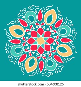 Bright Floral Round Pattern. Flourish Ethnic Mandala Ornament. Symmetric Ornate Tracery.