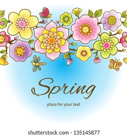 Bright floral seamless border with butterfly, dragonfly and ladybug. It can be used for decorating of invitations, cards and decoration for bags. You can place your text in the empty frame.