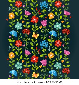 Bright floral seamless border with butterfly and dragonfly on dark background. It can be used for decorating of invitations, greeting cards and decoration for bags.