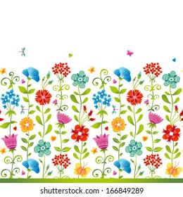 Bright floral seamless border with butterfly, dragonfly and hearts on white background. Endless texture can be used for wallpaper, pattern fills, web page background, surface textures.