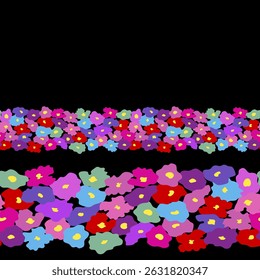 Bright floral seamless borders on black background. Summer textile prints with horizontal of hand drawn flowers pattern. Stylish multicolored palette. For textile, gift paper, greeting card. Vector.