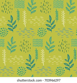Bright floral seamless hand-drawn pattern scandinavian design style on a yellow background. Vector illustration